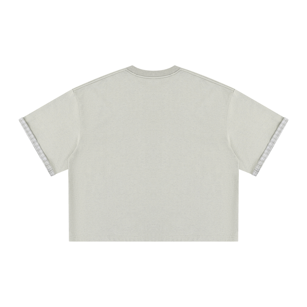 Unisex Boxy Plaid-Lined Double-Face T-Shirt w/ Logo&Shadow