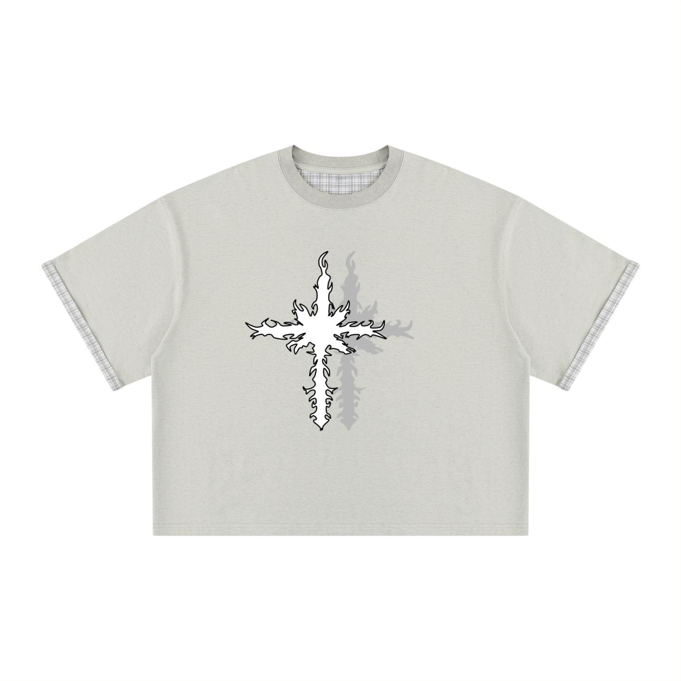 Unisex Boxy Plaid-Lined Double-Face T-Shirt w/ Logo&Shadow