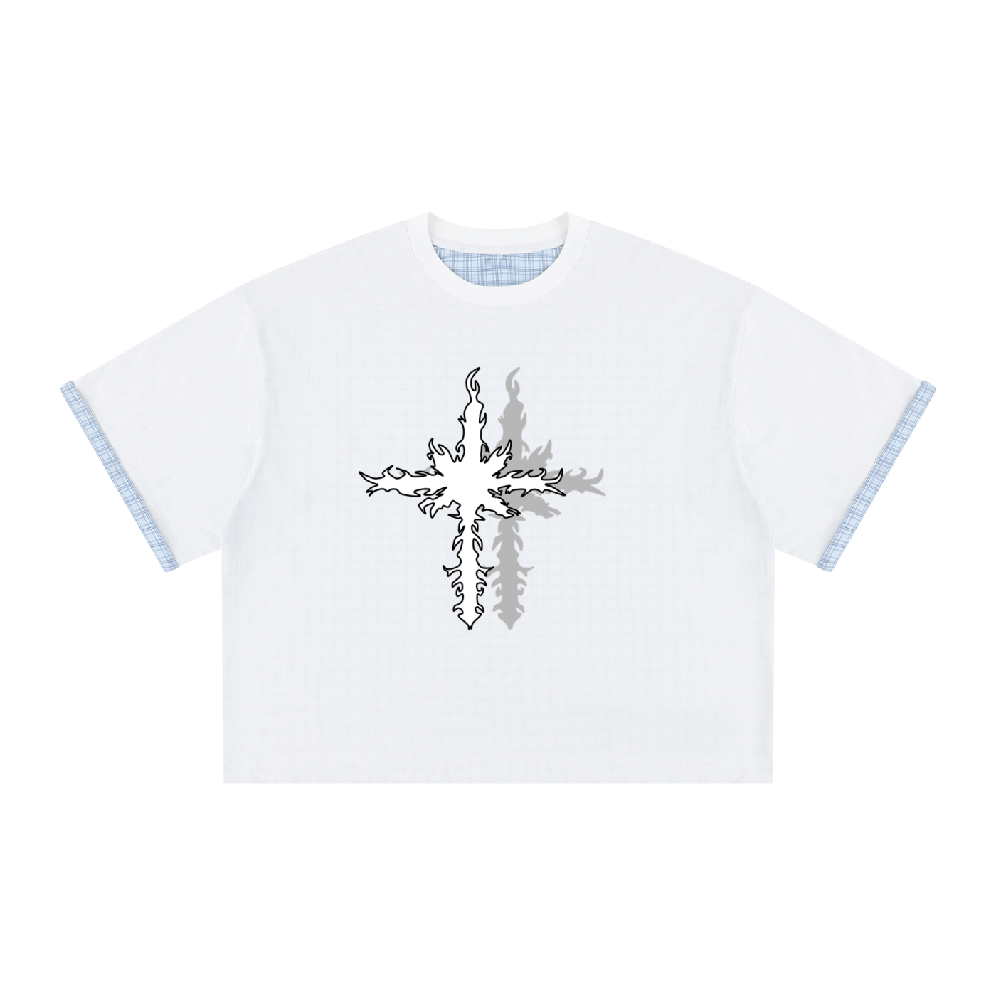 Unisex Boxy Plaid-Lined Double-Face T-Shirt w/ Logo&Shadow