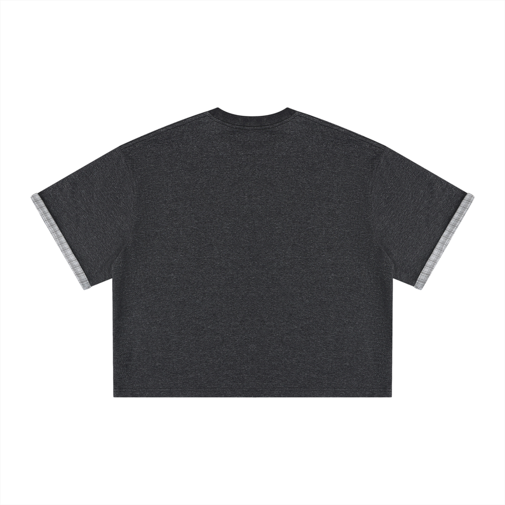 Unisex Boxy Plaid-Lined Double-Face T-Shirt w/ Logo&Shadow