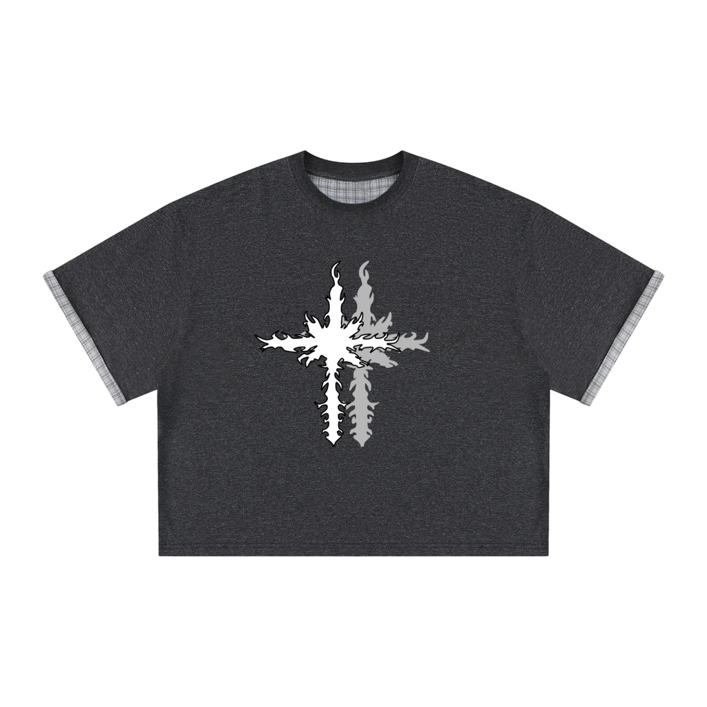 Unisex Boxy Plaid-Lined Double-Face T-Shirt w/ Logo&Shadow