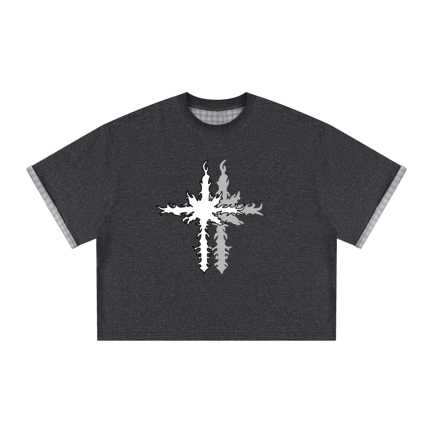 Unisex Boxy Plaid-Lined Double-Face T-Shirt w/ Logo&Shadow
