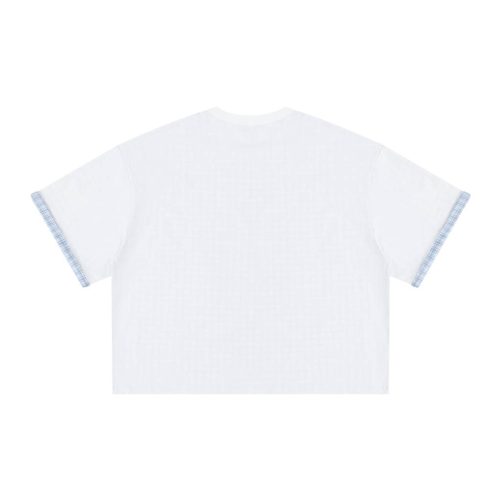 Unisex Boxy Plaid-Lined Double-Face T-Shirt w/ Logo&Shadow